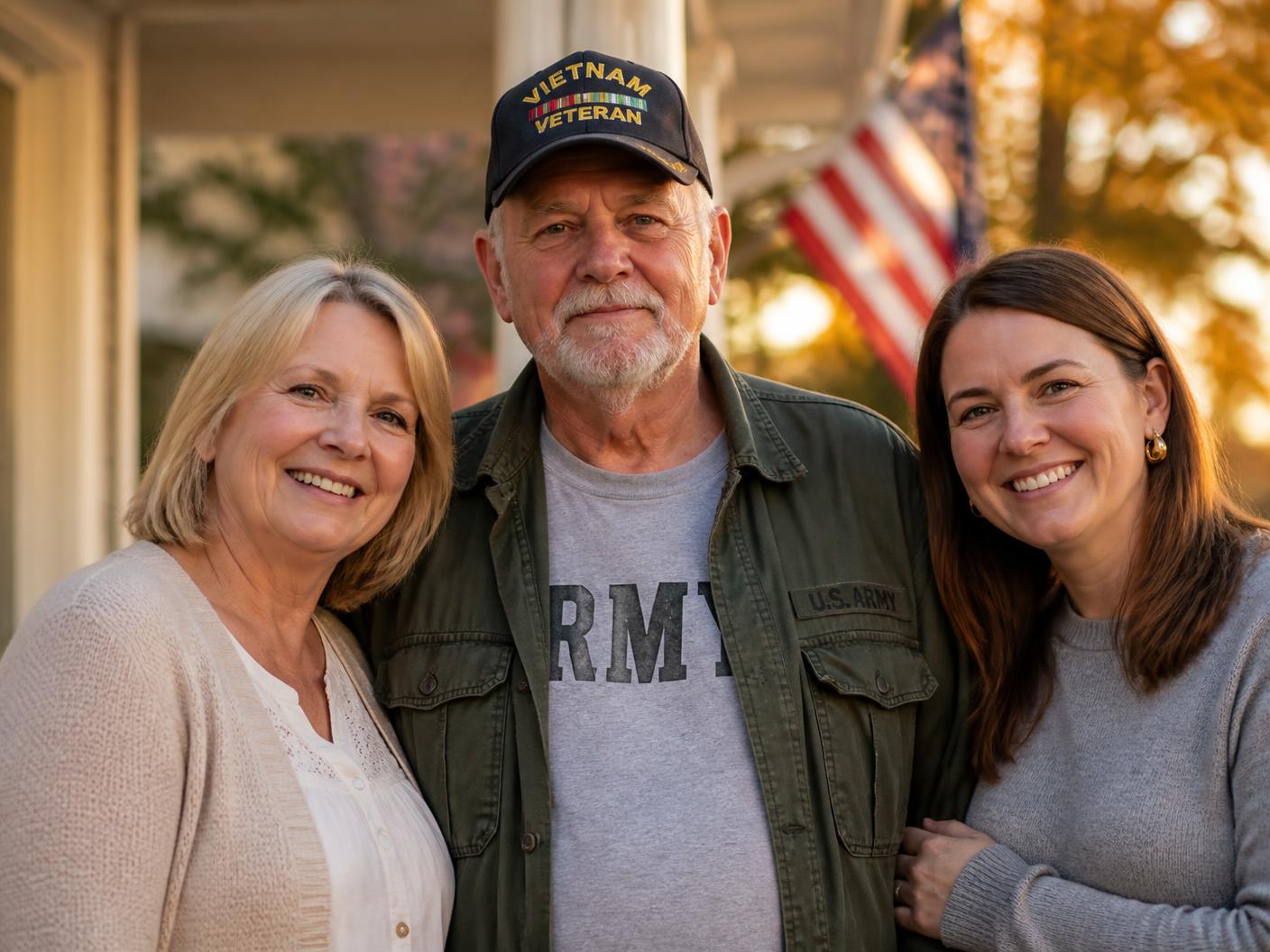 A United States Army veteran standing with his wife and daughter on their front porch